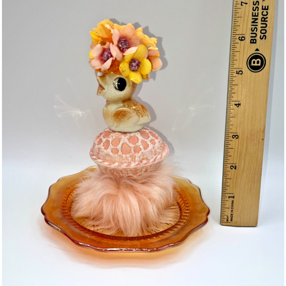 Vintage Mini Ceramic Chick Flower Hat Faux Fur Orange Carnival Glass Plate OOAK - Picture 16 of 16